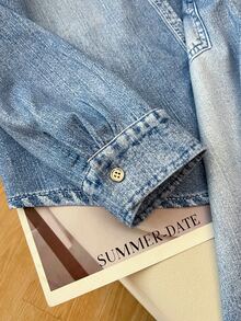 INAWLY Fashionable Minimalist Casual Denim Effect Print Single-Breasted Shirt And Pants 2 Pieces Set - Blue - View 7