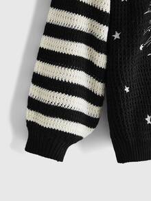 ROMWE Autumn/Winter Dark Gothic Halloween Day Of The Dead Black Cat Cross Star Moon Yin Yang Contrast Color Crew Neck Pullover Sweater - Black - View 4