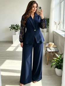 Modelyn Navy Blue Plus Size Elegant Commuter Fashionable Lady Suit Set With Lace Long Sleeve Fitted Blazer And Straight Leg Pants - Navy Blue - View 4