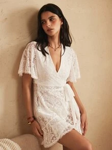 Lullawish Gaun Tidur Wanita Lengan Pendek Berenda Gaya Bohemian - Putih - View 1