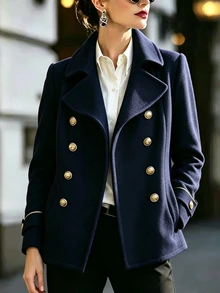 RosyDaze Women's Elegant Double-Breasted Pocket Long Sleeve Overcoat - Navy Blue - View 3
