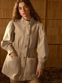 MOTF STUDIO WOMEN'S AUTUMN WAIST DRAWSTRING UMBRELLA HEM SINGLE-BREASTED LONG TRENCH COAT - Khaki - View 7