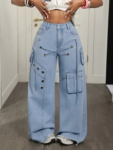 Slaydiva Women's Cross-Design Eyelet Cargo Pocket Wide Leg Casual Denim Jeans - Blue - View 1