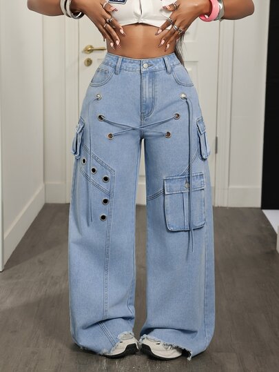 Slaydiva Women's Cross-Design Eyelet Cargo Pocket Wide Leg Casual Denim Jeans