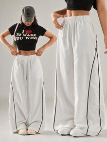 SHEIN PETITE Women's Autumn/Winter Street Style Vintage Holiday Outing Back To School Basic Black Wide Leg Pants, Essential For Daily Wear - White - View 7