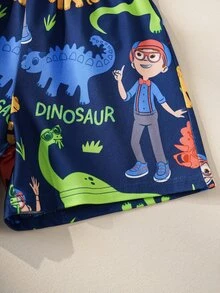 Blippi X SHEIN ملابس منزلية للأولاد الصغار بطبعة ديناصور كرتونية، ملابس علوية قصير الأكمام وشورت - متعدد الألوان - مشاهدة 6