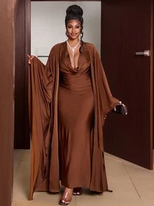 Maweii Gaun Duyung Bodycon Pas Badan Warna Cokelat Ukuran Plus dengan Kerah Model Cowl dan Selendang Panjang yang Serasi, Set 2 Potongan, Gaun Malam Ukuran Plus - Coklat - View 5