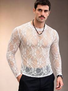 ZURIURI Men's Elegant Casual Lace Sheer Long Sleeve T-Shirt - White - View 7