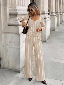 SHEIN Frenchy Women's Button-Up Striped Shirt And Loose Pants Business Suit - Apricot - View 1
