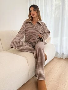 Siren Gaze 女款條紋落肩長袖T恤與長褲休閒兩件套 - 珊瑚粉 - 查看 7