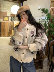DAZY Women's Floral Decor Loose Knit Cardigan - Beige - View 4