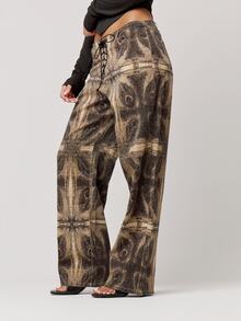 Musera Petite Printed Lace Up Straight Leg Jeans Fall Autumn Winter Back To School Daily Everyday - Multicolor - View 2