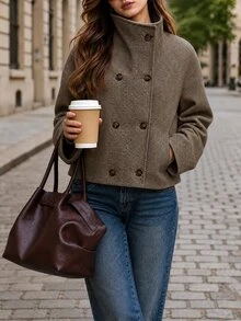 Editum Jaket Kasual Wanita Lengan Panjang Kancing Ganda Motif Tulang Ikan - Coffee Brown - View 6