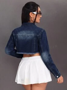 SHEIN ICON 女款毛邊下擺休閒牛仔短款水洗夾克 - 深色水洗藍 - 查看 2