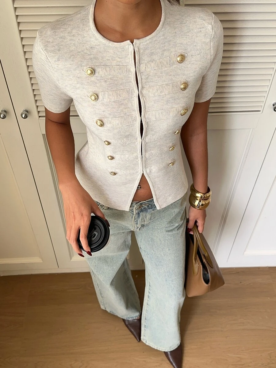 Siren Gaze Women's Chic Knit Short Sleeve Round Neck Vintage Gold Button-Up Cropped Top, Napoleon Style, Gothic,Full Button Decor, Fall/Winter Sweater - Apricot - View 1