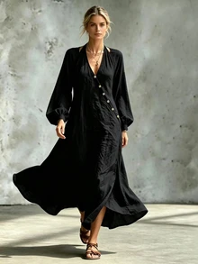 SHEIN Gaun Lengan Panjang Musim Gugur/Dingin Terbaru - Hitam - View 2