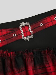 Sweetra Plus Size Autumn/Winter Vintage Plaid Patchwork Mesh Asymmetrical Hem Skirt - Multicolor - View 6