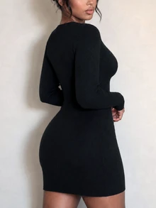 Selianne Women's Sexy Lace Trim Fitted Sweater Dress - Black - View 2