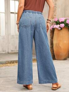 SHEIN PETITE Women's Loose Fit Vacation Elastic Waist Drawstring Casual Denim Jeans - Light Wash - View 2