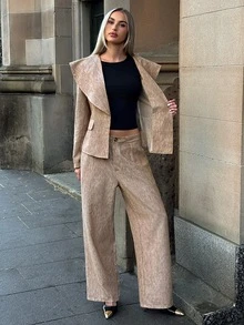 Aloruh Women's Autumn/Winter Brown Textured Lapel Waist-Cinching Blazer + Striped Wide-Leg Long Pants Suit Set - Brown - View 7
