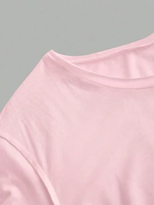 Tseoso Casual Minimalist Full Print Pattern One Shoulder Dropped Shoulder Short Sleeve Loose Fit Women's T-Shirt - Pink - View 6