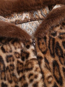 Sweetra Women's Leopard Print Patchwork Faux Fur Hooded Zip-Up Short Coffee Color Sweatshirt Jacket - Coffee Brown - View 4