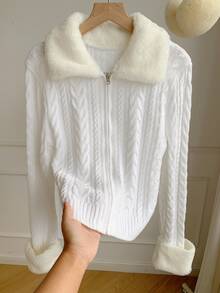 Comfortcana Women's Patchwork Fur Collar Long Sleeve Cable Knit Cardigan - Apricot - View 6