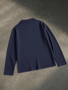 SHEIN 青少年男孩休閒字母印花翻領半開襟針織 Polo 衫套頭衫 - 藏蓝色 - 查看 2