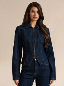 SHEIN BAE Women's Zipper Casual Versatile Everyday Denim Jacket - Blue - View 5
