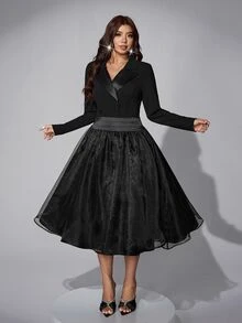 Viva Relle Plus Size Long Sleeve French Lapel Design Jacket And Long Skirt Suit Set - Black - View 5