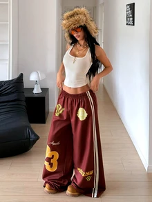 StreetHx Women's Burgundy Sporty Style Contrast Print Side Stripe Loose Wide Leg Long Pants - Red - View 3