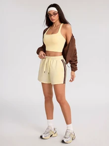 Dewbera Dewbera Women's Drawstring Waist Colorblock Casual Daily Sports Shorts - Yellow - View 4