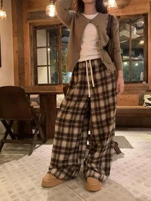 DAZY Women's Plaid Loose Casual Korean Style Long Pants - Coffee Brown - View 8