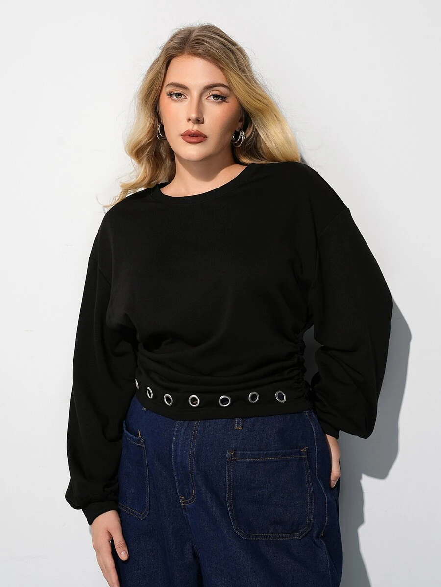 Maija Plus Size Women Solid Color Round Neck Drop Shoulder Long Sleeve Eyelet Design Casual Sweatshirt - Khaki - View 1