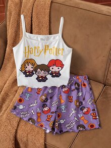 HARRY POTTER X SHEIN 青少年女孩細肩帶上衣與短褲家居服套裝 - 淡紫色 - 查看 3