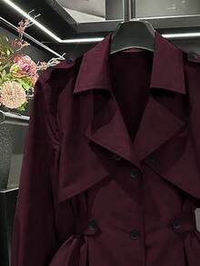 GlowEve CURVE Plus Size Women's Fashion Casual Solid Color Long Sleeve Cinched Waist Trench Coat Fall - Burgundy - View 3