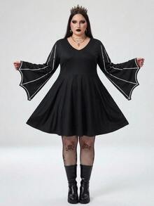 SHEIN CURVE+ Plus Size Women's Halloween Pattern Dress - Black - View 6