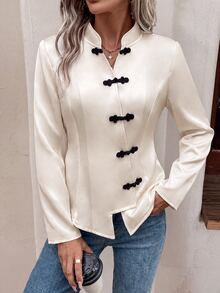 SHEIN Women's Elegant Chinese Style Long Sleeve Jacket With Frog Button Design - Beige - View 3
