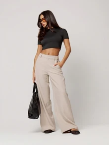 Musera Petite Stone Loose Fit Tailored Pants Fall Autumn Winter Back To School Daily Everyday - Beige - View 1