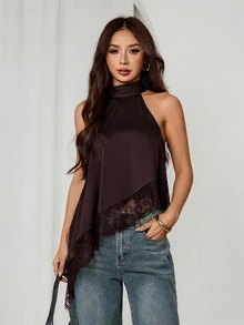 SHEIN PETITE 不對稱高領掛脖上衣，蕾絲飾邊，晚宴派對雞尾酒會正式優雅無袖款 - 紫紅色 - 查看 5