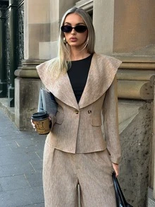 Aloruh Women's Autumn/Winter Brown Textured Lapel Waist-Cinching Blazer + Striped Wide-Leg Long Pants Suit Set - Brown - View 6