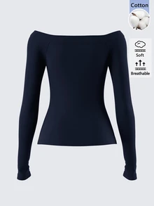 SHEIN BASICS Áo thun tay dài trễ vai ôm dáng màu trơn đa năng mặc hằng ngày cho nữ - Màu xanh hải quân - Xem 2
