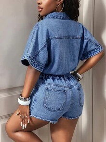 Women's Single-Breasted Frayed Hem Casual Daily Denim Romper - Medium Wash - View 2