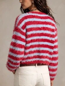 SHEIN 慵懶風 V 領撞色毛茸茸針織開襟外套 - 彩色 - 查看 2
