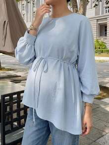DAZY Solid Color Loose Long Sleeve Belted Elegant Vacation Spring/Autumn Cover-Up Maternity Top - Blue - View 7