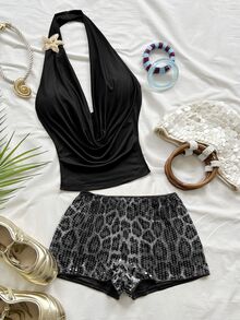 Soleia Women's Solid Color Metal Decor Halter Top And Leopard Print Shorts Casual Daily 2 Pieces Set - Grey - View 1