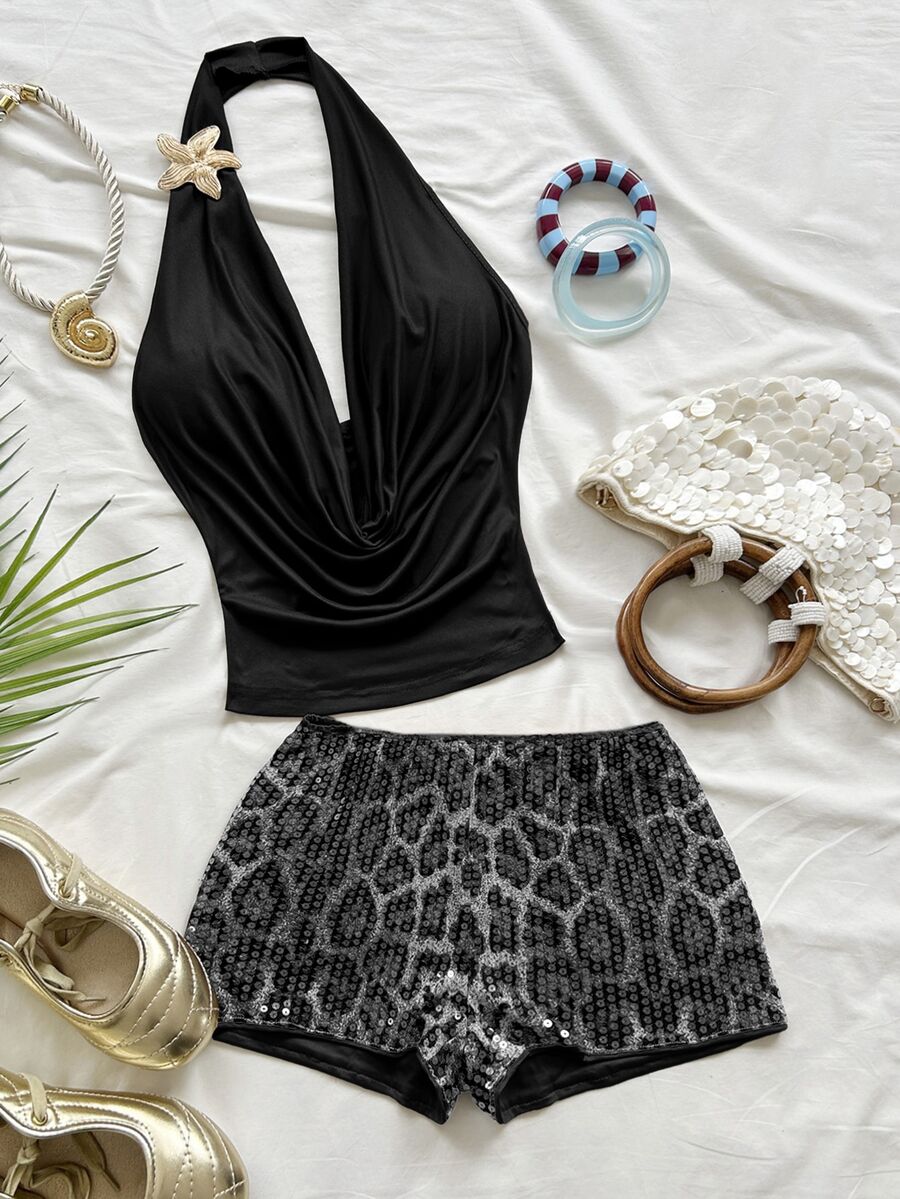 Soleia Women's Solid Color Metal Decor Halter Top And Leopard Print Shorts Casual Daily 2 Pieces Set - Grey - View 1