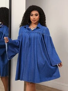 Slaydiva Plus Size Women's Collared Long Sleeve Ruched Casual Denim Dress - Blue - View 3