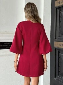 Pariaura Desain Fashion Baru, Gaun Pendek Kasual Elegan Serbaguna dengan Leher Bulat Warna Burgundy - Burgundy - View 2