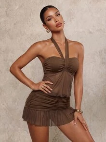 Glamine SHEIN Glamour Dress Cover-up Wanita Warna Polos dengan Lipit dan Kelim Ruffle, Kerah Halter, Cokelat Cokelat, Seksi Tropis Musim Panas untuk Liburan Klub - Coklat - View 5